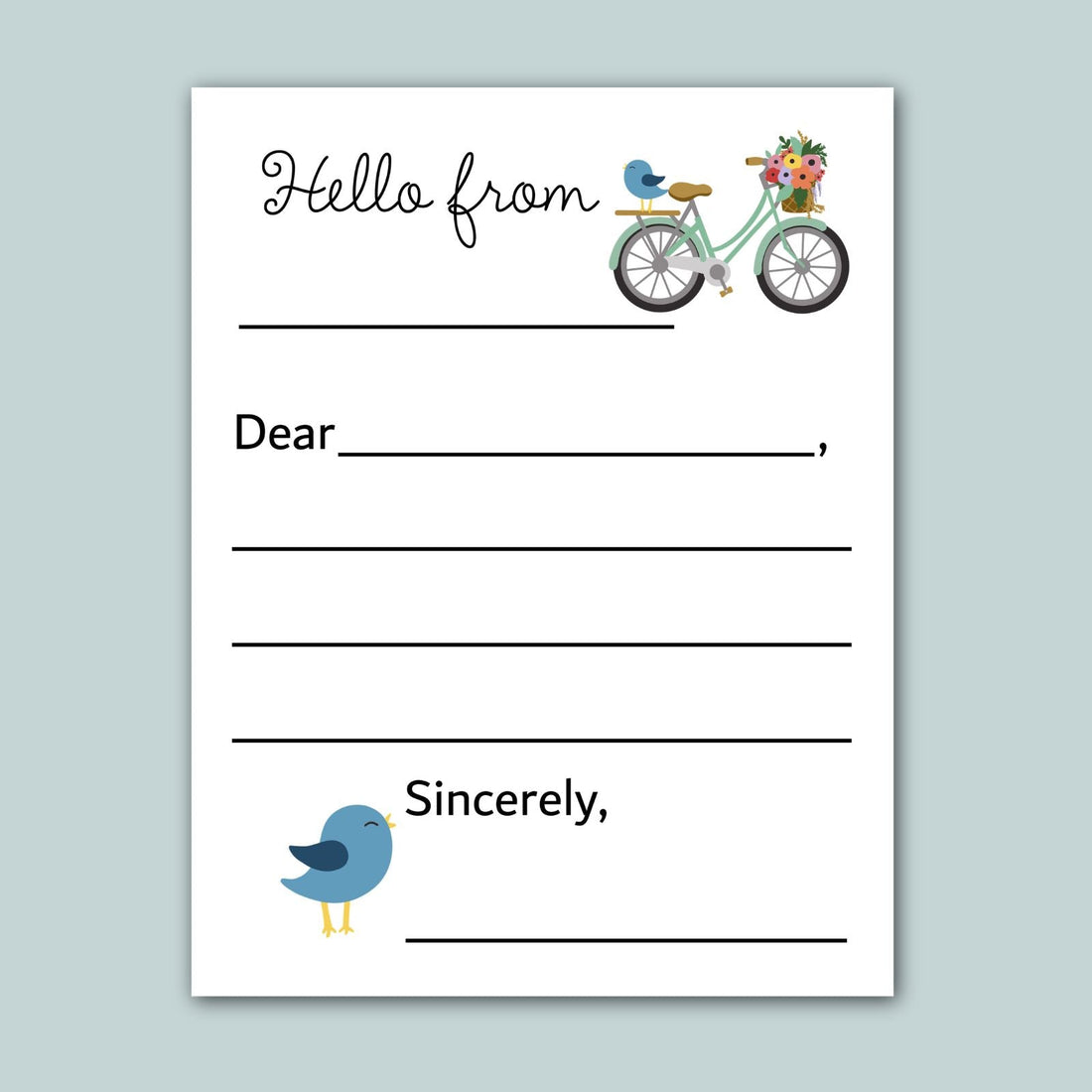 a letterhead with a bicycle and a bird on it, along with a blank space for a message. The letterhead has a simple, clean design with a light blue background.