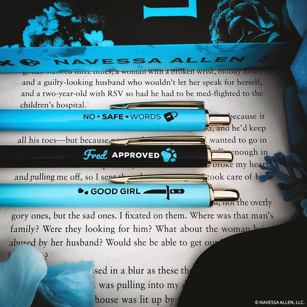 Three pens with text labels on a book page, featuring the brand &