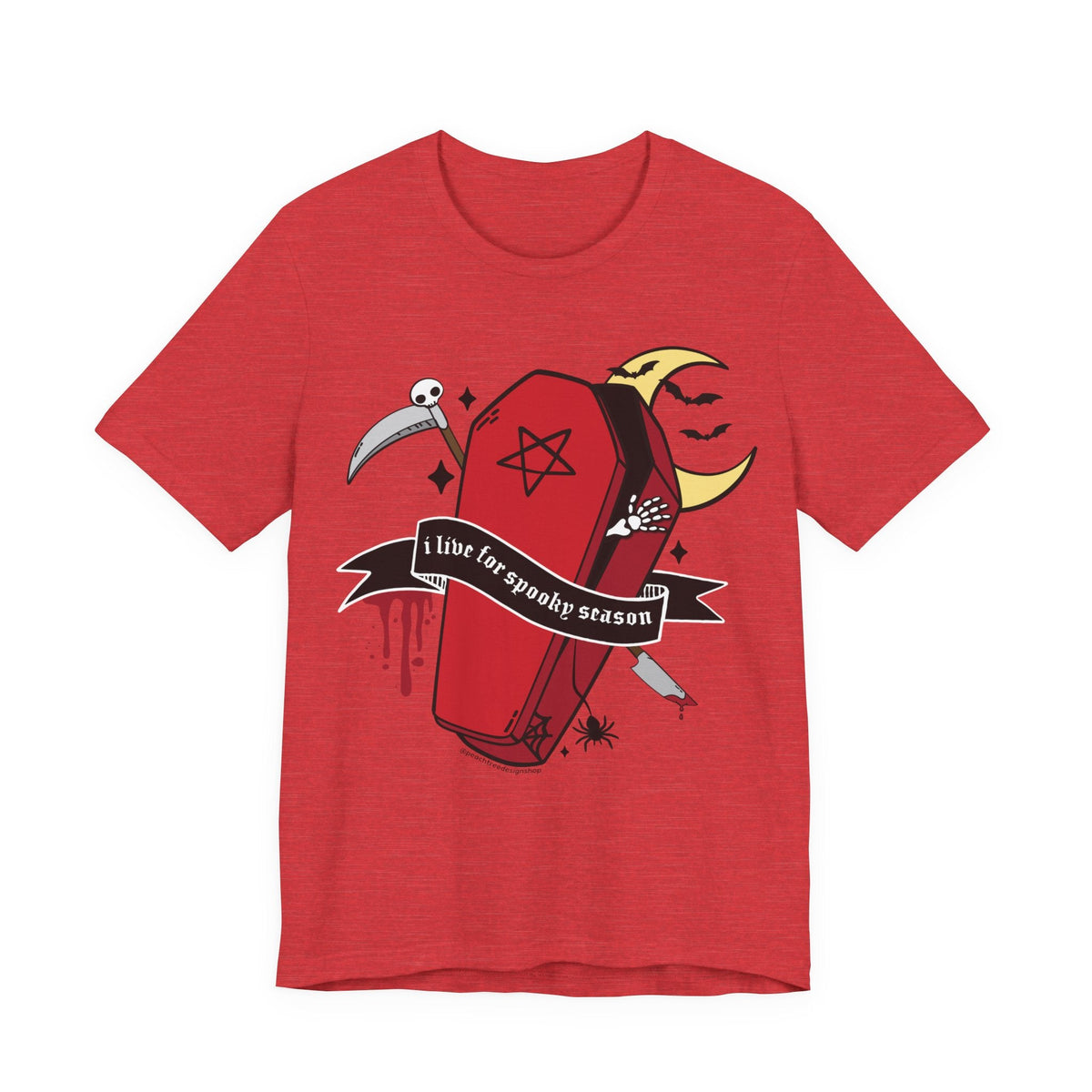 A red heather short-sleeve t-shirt with a gothic-themed graphic print of a coffin, a scythe, a spider, a crescent moon, and a banner that reads &