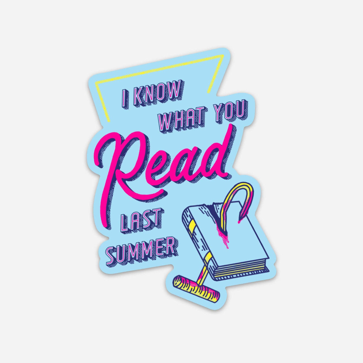 A die-cut sticker with a light blue background and retro-style text reading &