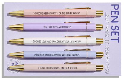Set of pens with humorous quotes on a purple card