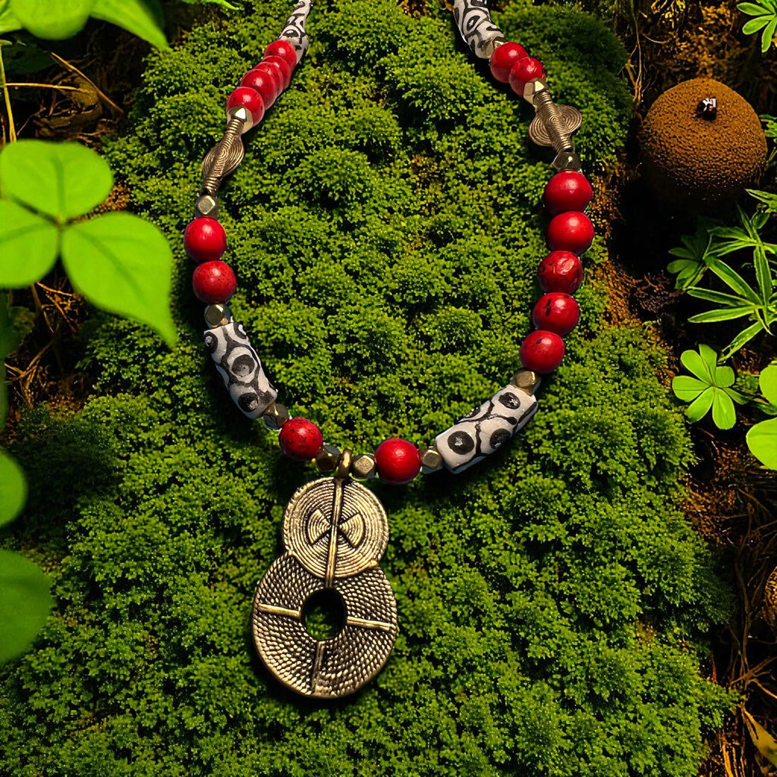 African Bronze Double Sun Pendant Necklace: Eye Kobo Beads, Brass Discs