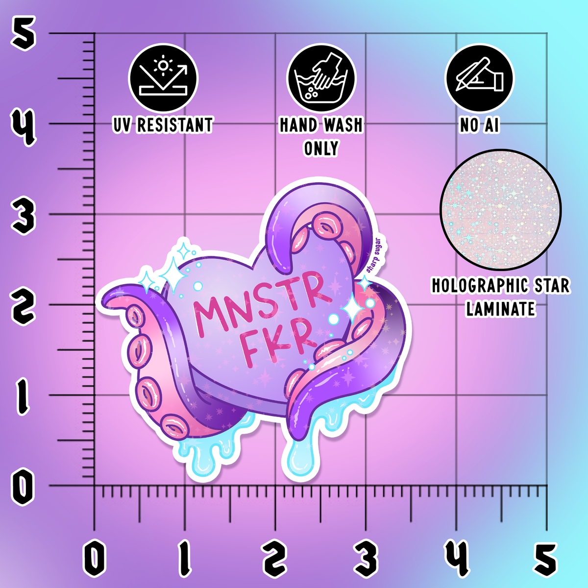 A holographic star decal sticker of a purple octopus with pink tentacles and the text &