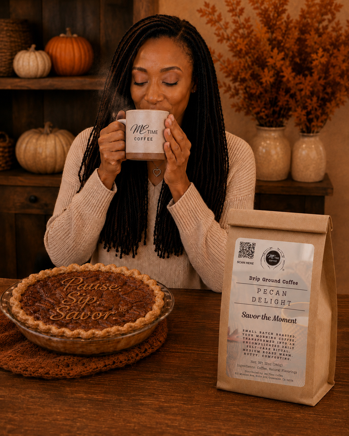 A woman with long black braids sits at a wooden table, holding a white mug that reads &