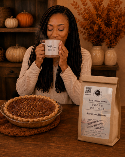 A woman with long black braids sits at a wooden table, holding a white mug that reads &