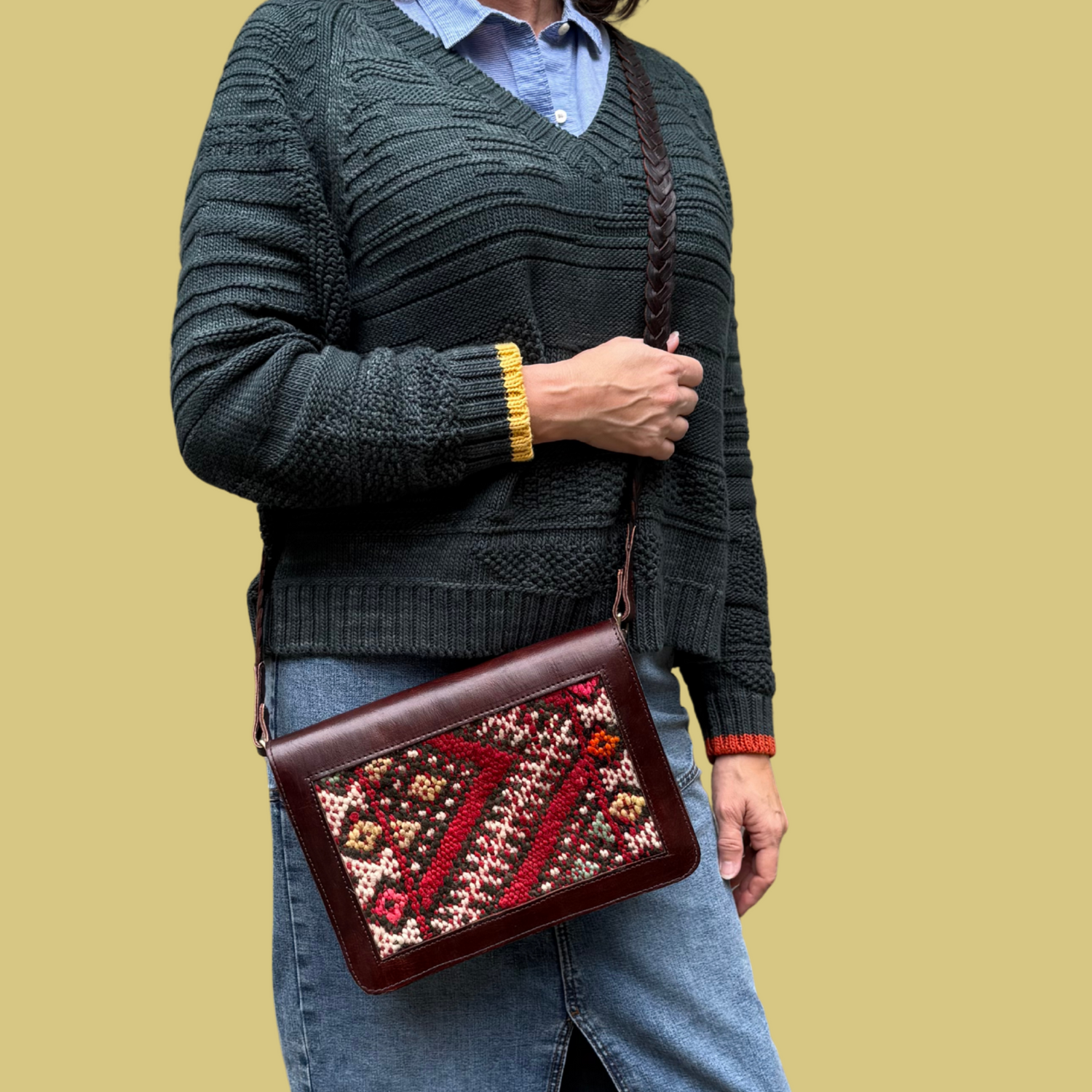 Leather &amp; Kilim Crossbody Bag – Handmade in Morocco from Full-Grain Vegetable-Tanned Leather