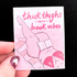 Card with illustration of legs in pink bikini holding a book, text &