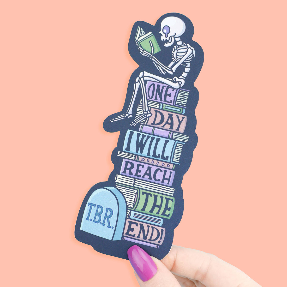 Sticker with skeleton reading a book and text &