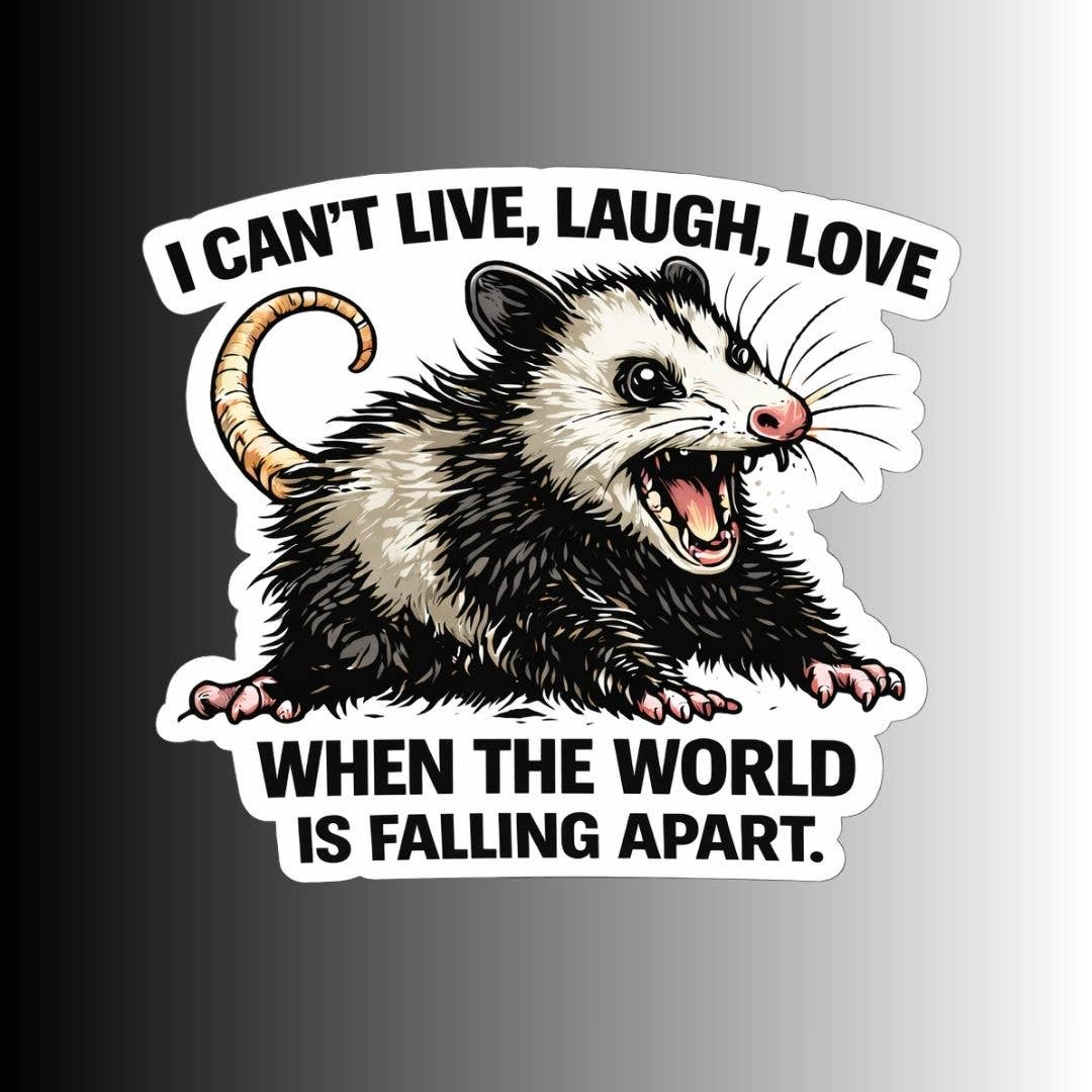 A die-cut sticker featuring a cartoon opossum with an open mouth and the text &