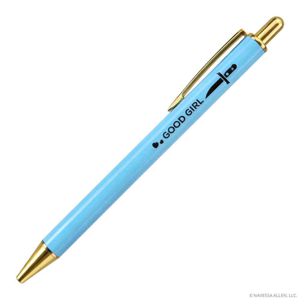 Light blue pen with gold accents on a white background