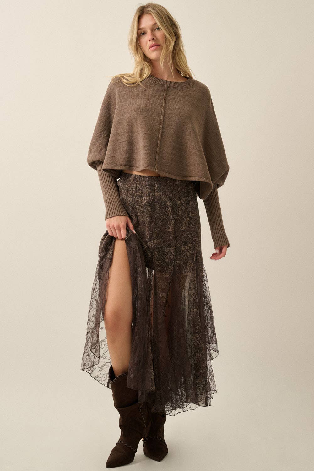 Paisley-Print Chiffon &amp; Lace Elastic-Waist Godet Maxi Skirt