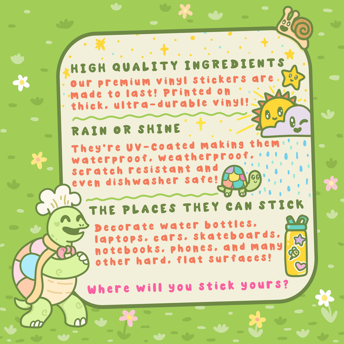 Product description card for vinyl stickers with cartoon turtle and sun on a green background