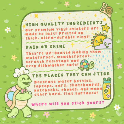 Product description card for vinyl stickers with cartoon turtle and sun on a green background