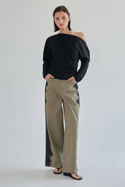 The Margot Lace-Trim Twill Pant — Olive