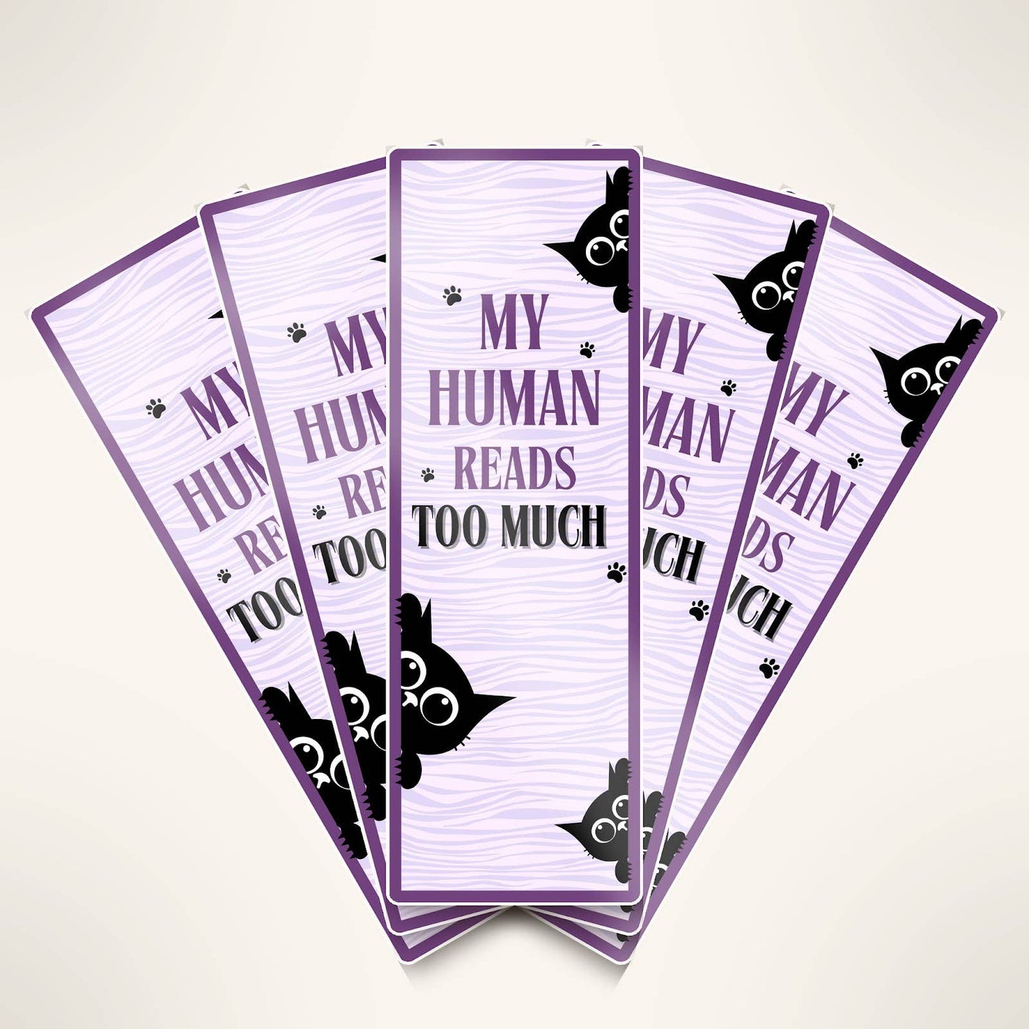 Set of five purple bookmarks with black cat illustrations and text on a white background