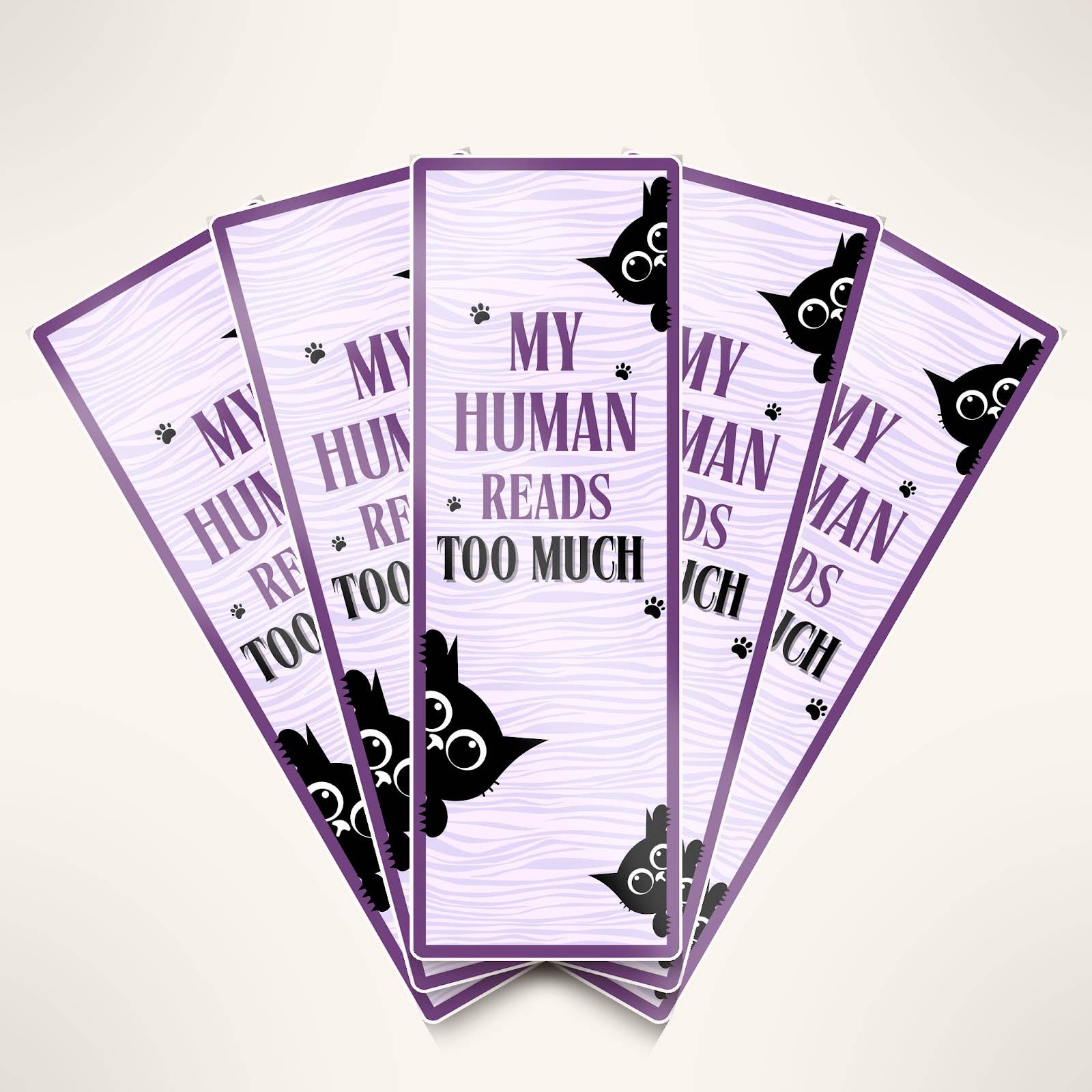 Set of five purple bookmarks with black cat illustrations and text on a white background