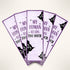 Set of five purple bookmarks with black cat illustrations and text on a white background