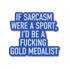 Blue and white text sticker with humorous message on a white background