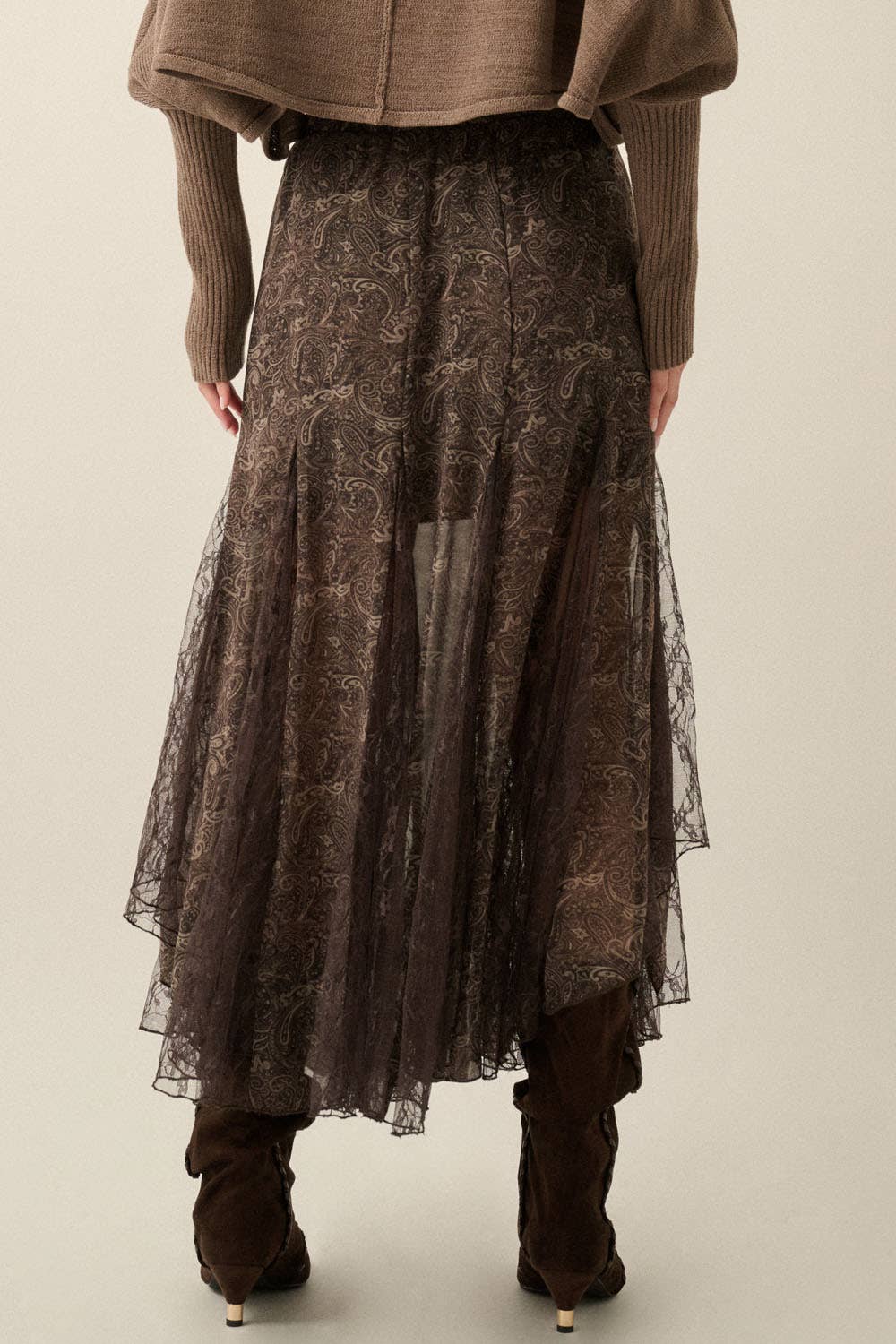 Paisley-Print Chiffon &amp; Lace Elastic-Waist Godet Maxi Skirt