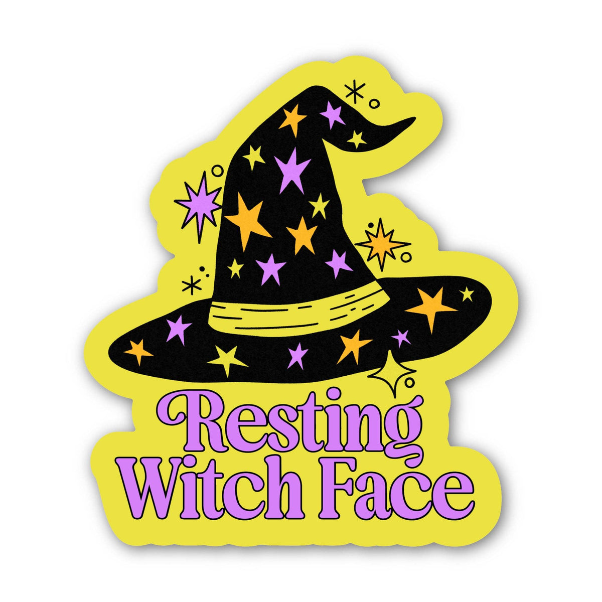 A die-cut sticker featuring a cartoon witch hat with stars and the text &