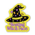 A die-cut sticker featuring a cartoon witch hat with stars and the text &