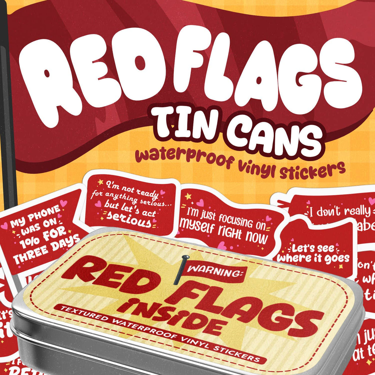 A tin of waterproof vinyl stickers branded &
