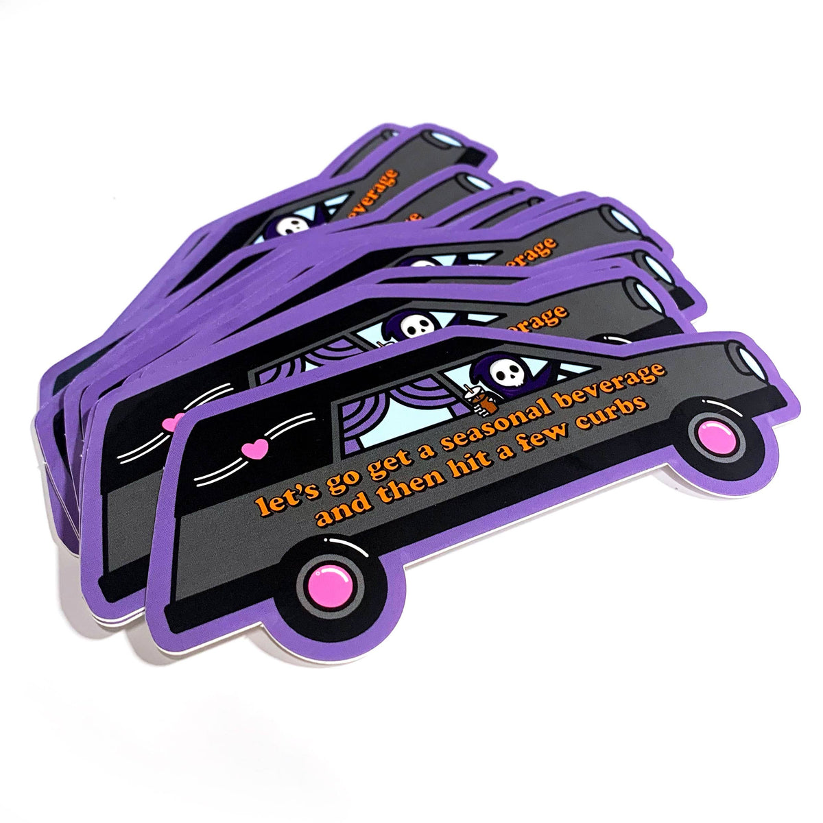 Seasonal Beverage &amp; Hit a Few Curbs Sticker | Funny Grim Reaper Fall Sticker