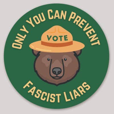 Circular sticker with bear wearing a hat and text on a green background