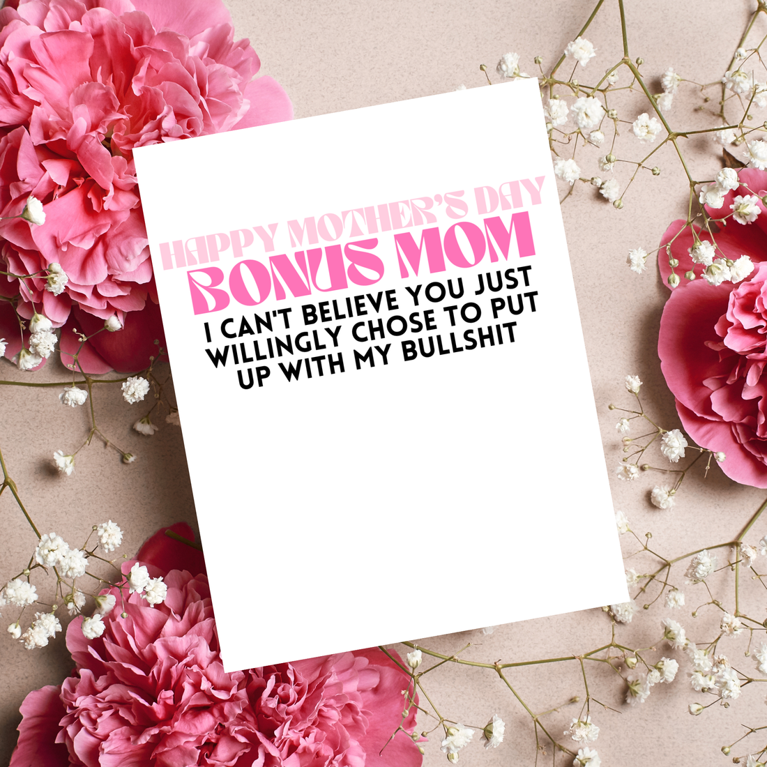 Card with humorous message on a background of pink flowers and white baby&