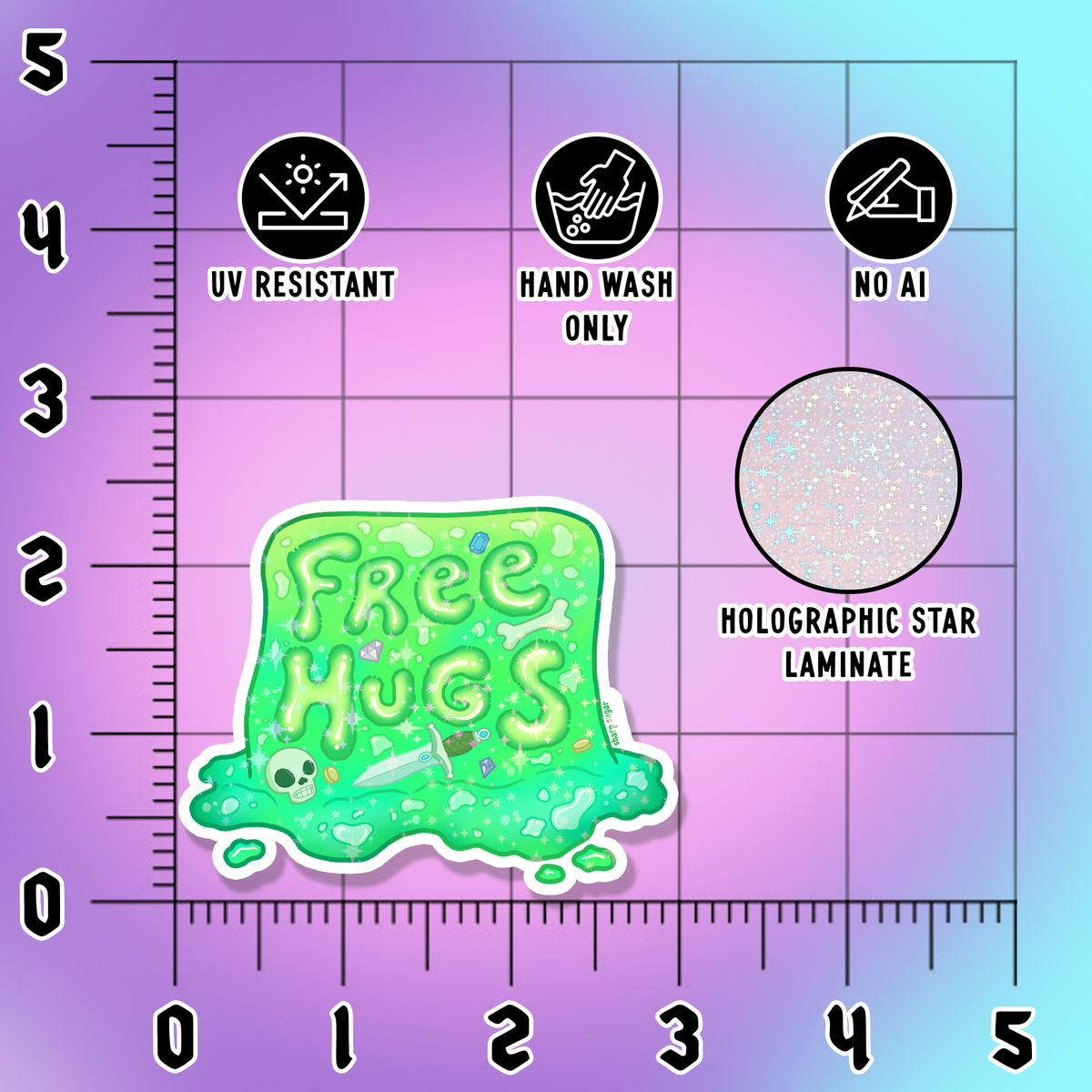 A product information graphic for a sticker or decal reading “FREE HUGS,” shown on a purple-to-blue gradient background with measurement rulers and feature icons for UV resistance, hand wash only, no AI, and a holographic star laminate swatch.