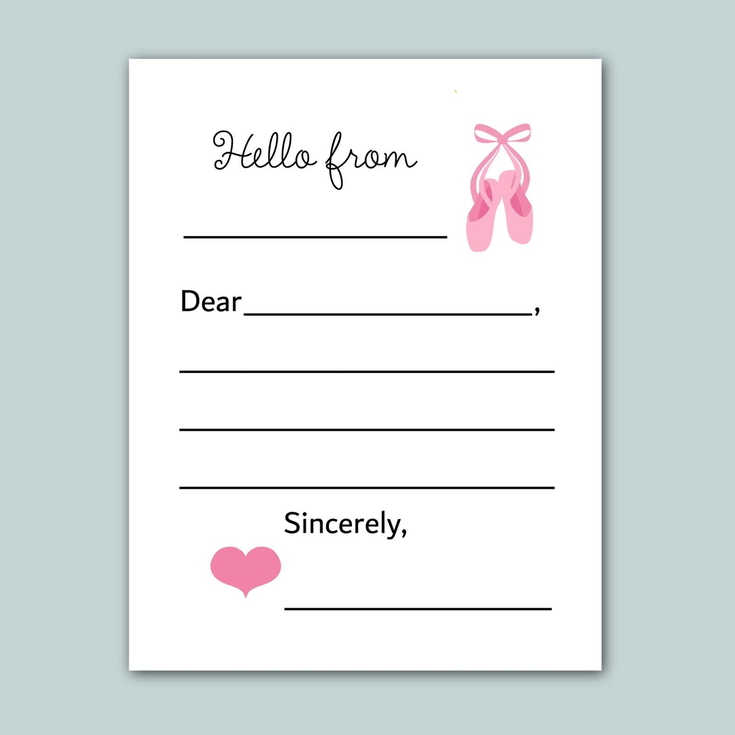a blank letter with a pink ballet shoe illustration on the right side. The letter appears to be a handwritten message addressed to someone named Sincerely.