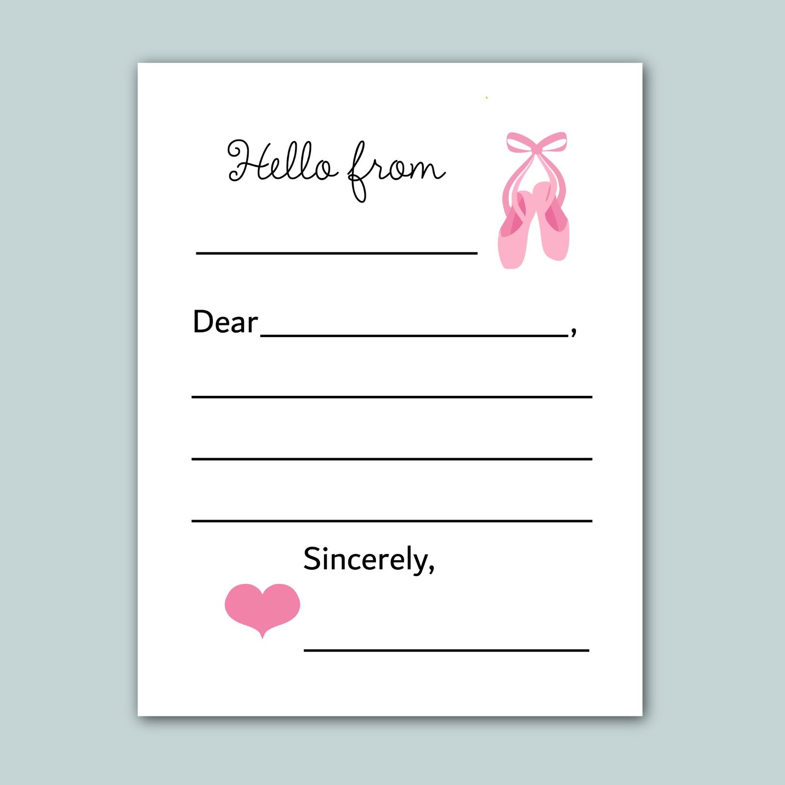 a blank letter with a pink ballet shoe illustration on the right side. The letter appears to be a handwritten message addressed to someone named Sincerely.