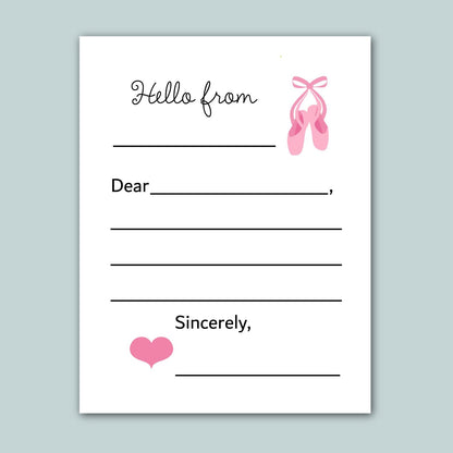 a blank letter with a pink ballet shoe illustration on the right side. The letter appears to be a handwritten message addressed to someone named Sincerely.