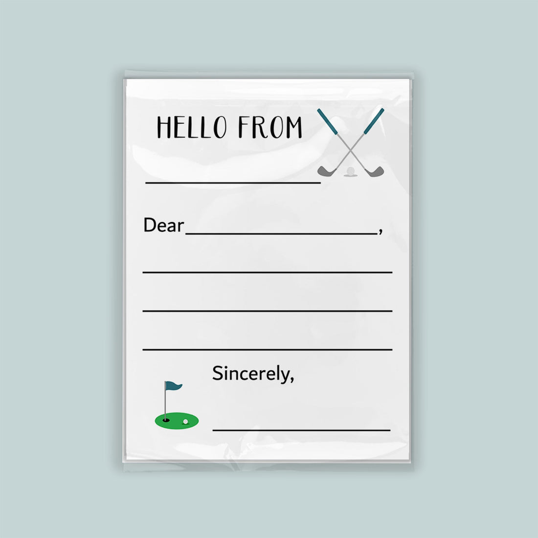 The image is a greeting card with a golf theme, featuring a green golf hole and crossed golf clubs. The card has a blank space for a message and a placeholder for the recipient&