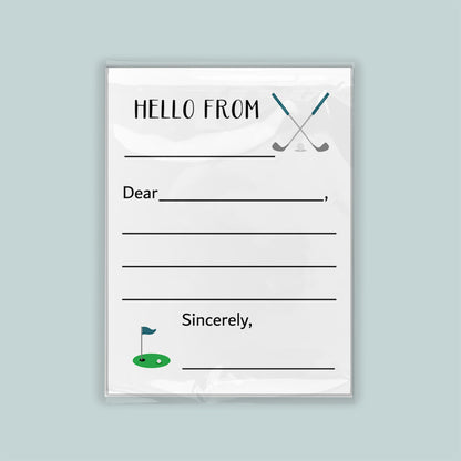 The image is a greeting card with a golf theme, featuring a green golf hole and crossed golf clubs. The card has a blank space for a message and a placeholder for the recipient&
