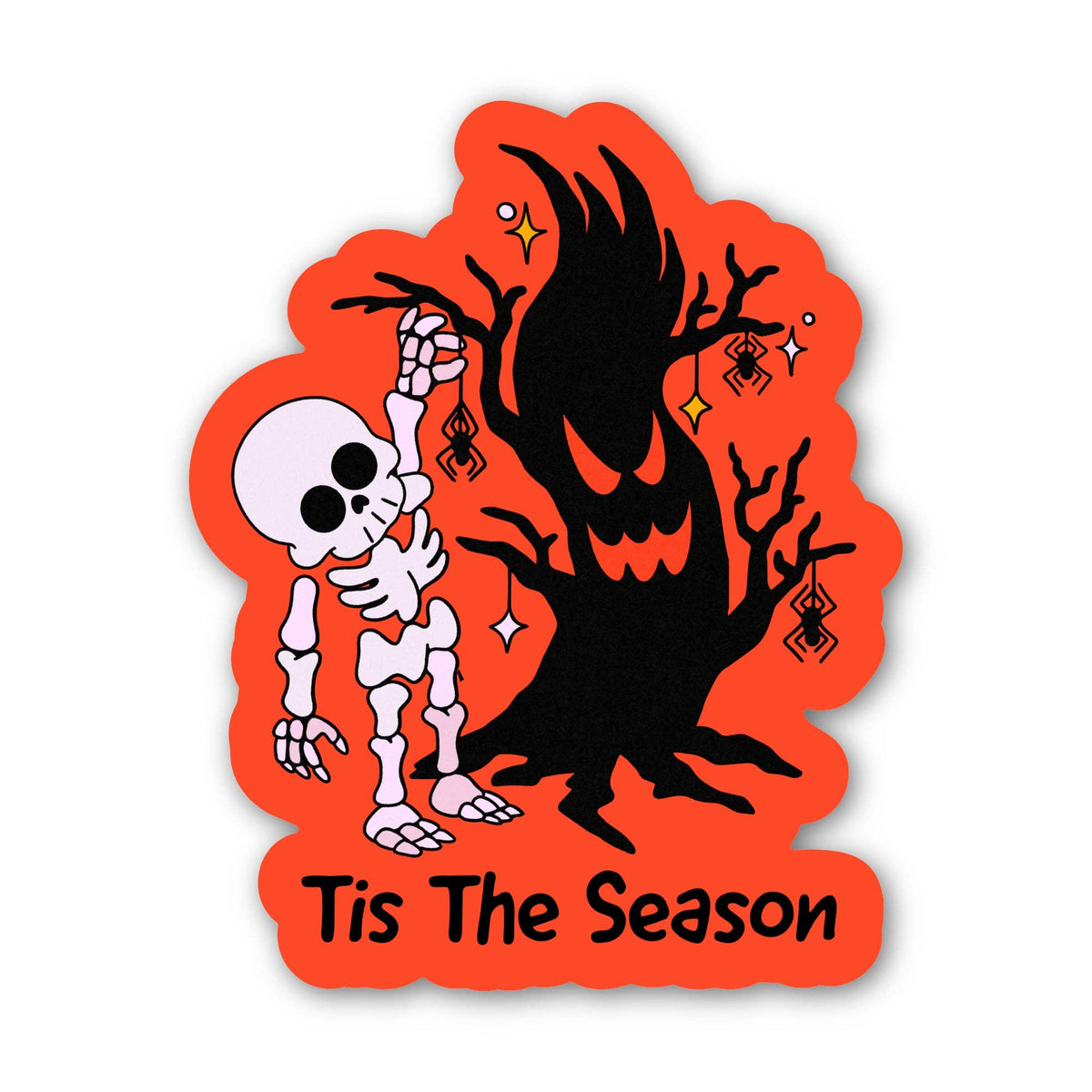 A Halloween-themed die-cut sticker featuring a white skeleton dancing next to a large black haunted tree on a bright orange background, with the text &