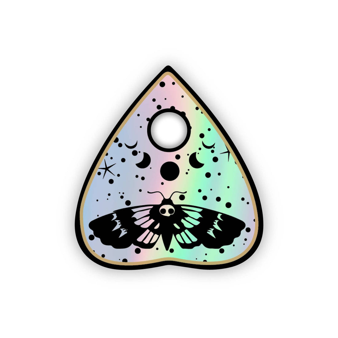Triangular pendant with a black butterfly design on a pastel rainbow background