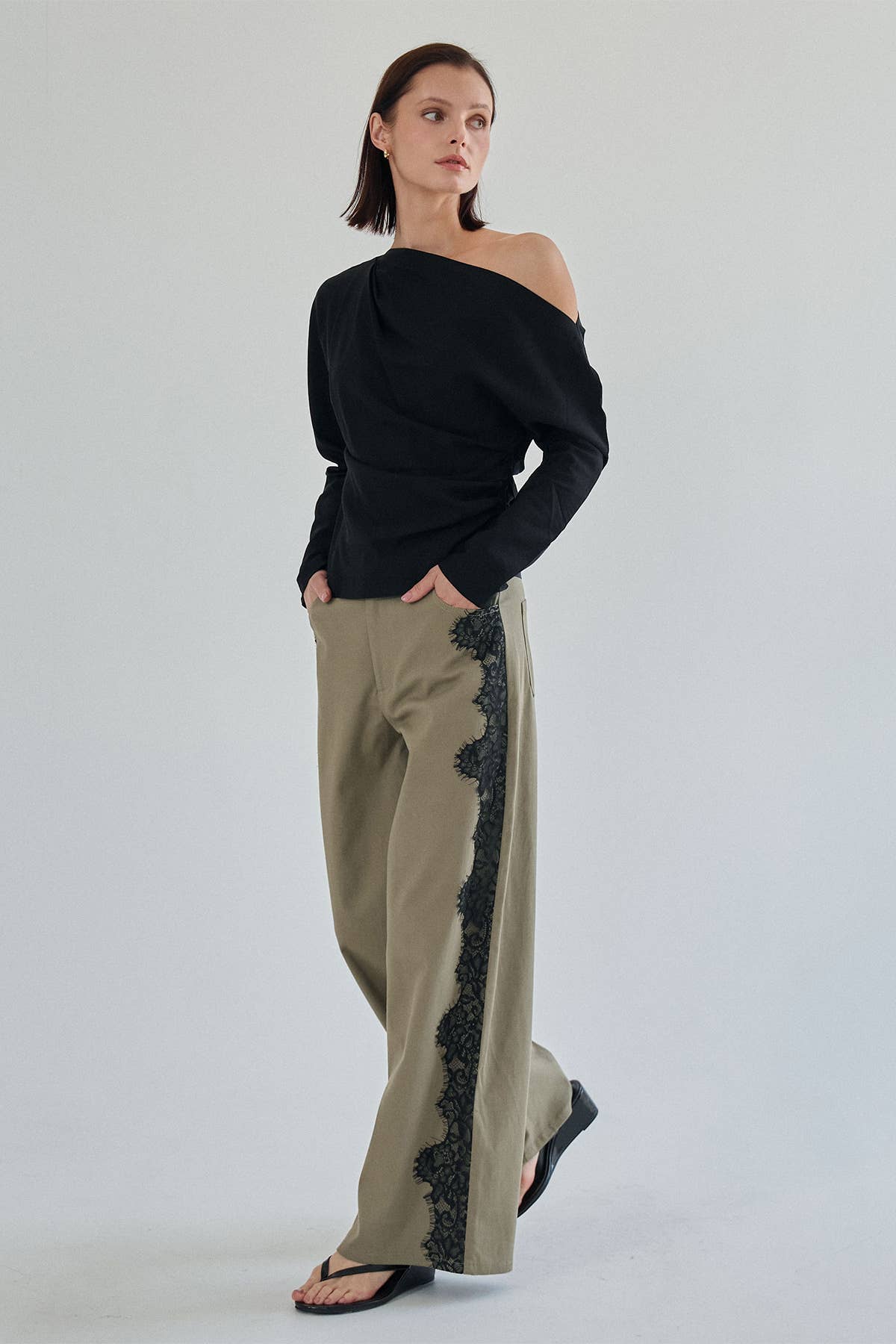 The Margot Lace-Trim Twill Pant — Olive