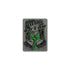 A rectangular gray sticker or patch featuring a black-and-white sketch of a person with a bright green bow, plus the phrase &