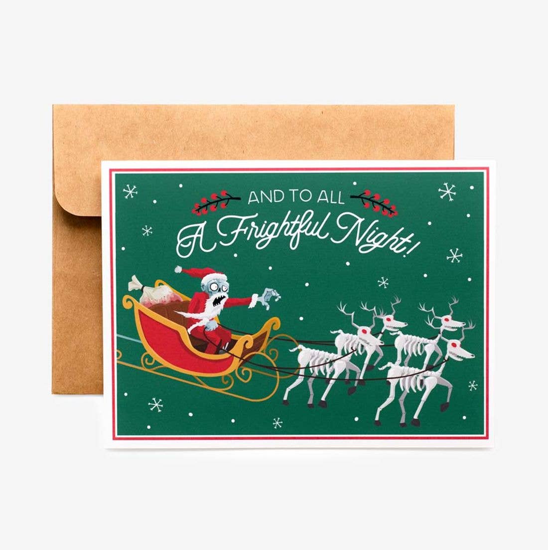A Christmas greeting card with a brown kraft envelope, featuring Santa Claus in a red sleigh being pulled by white reindeer on a dark green background with the text &
