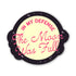A die-cut sticker featuring a pale yellow moon graphic with pink text reading &