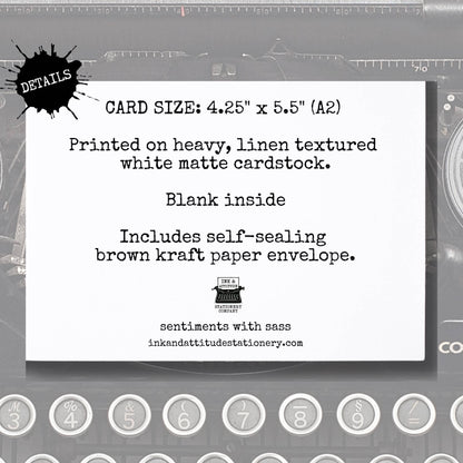 Card with text detailing size, material, and features on a gray background with stationery-themed elements.