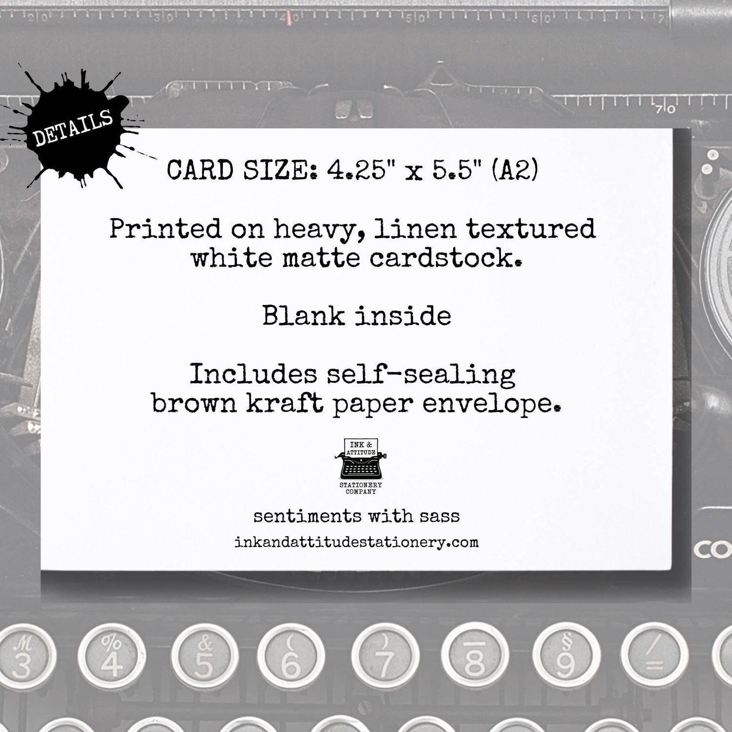 Card with text detailing size, material, and features on a gray background with stationery-themed elements.