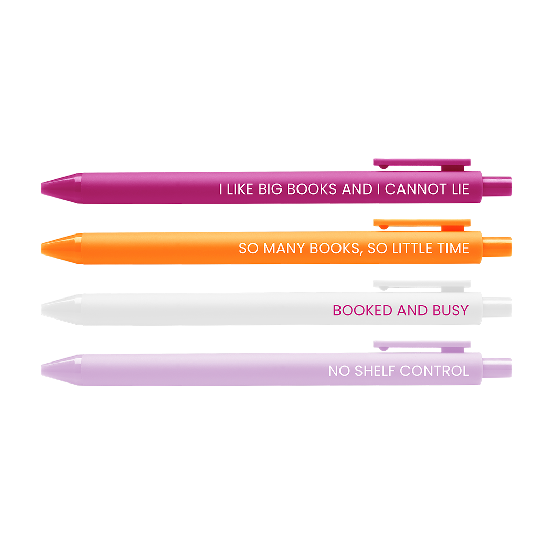 Four pens with humorous book-themed quotes on a white background
