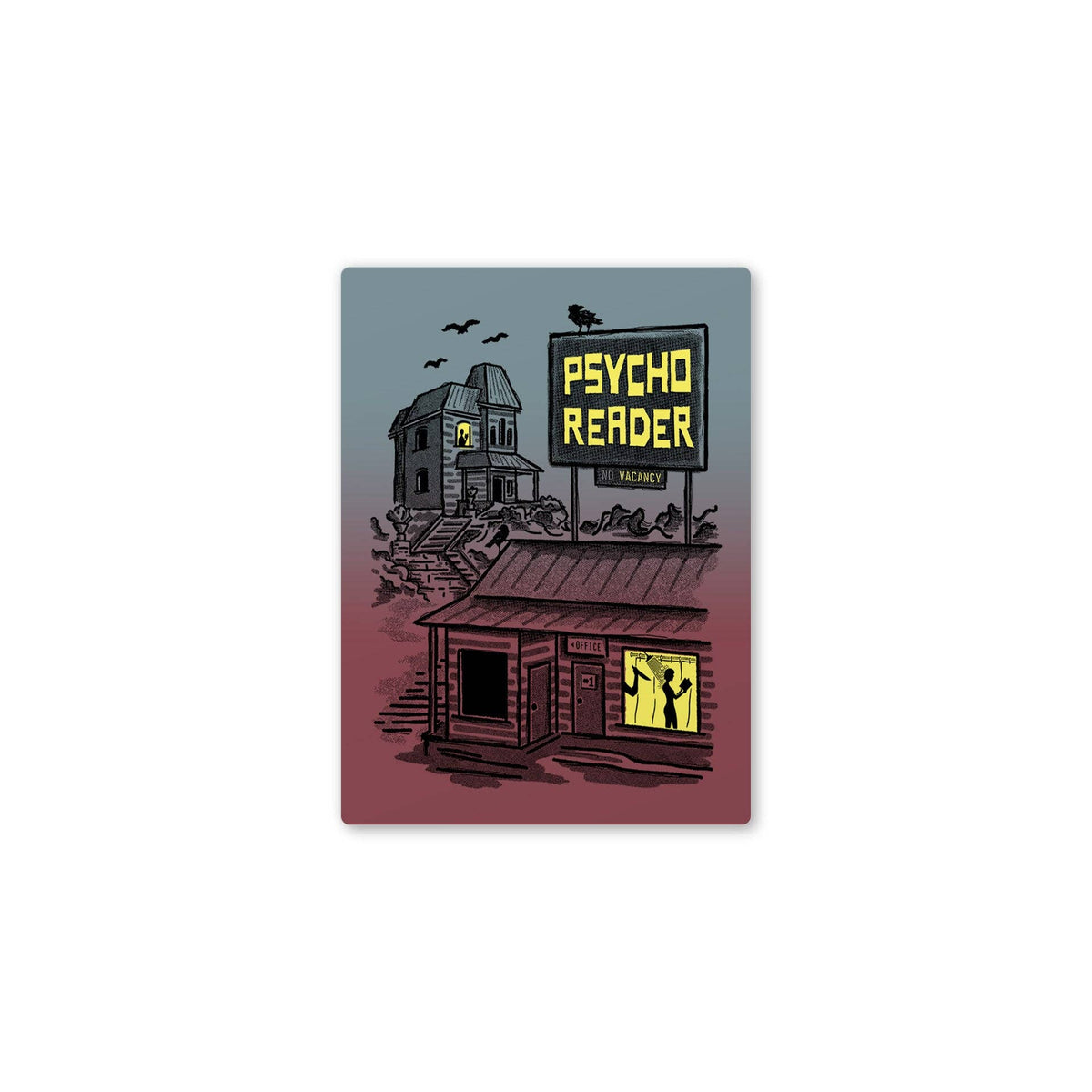 A rectangular art print or poster featuring a stylized illustration of a creepy reading shop scene with a haunted house, a sign reading &