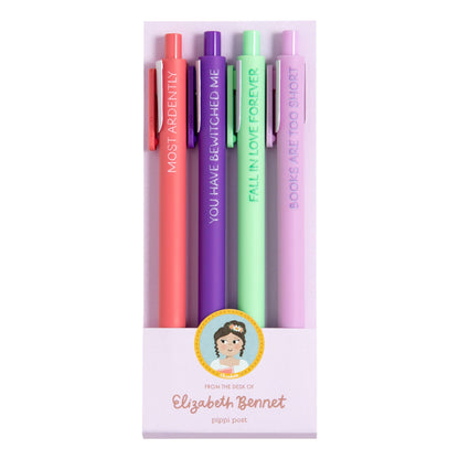 Set of pens with colorful barrels and text in a packaging box, featuring a character illustration.