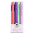 Set of pens with colorful barrels and text in a packaging box, featuring a character illustration.