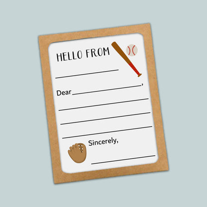 The image is a greeting card with a baseball theme, featuring a baseball bat, ball, and glove. The card has a blank space for a message and a blank space for a name.