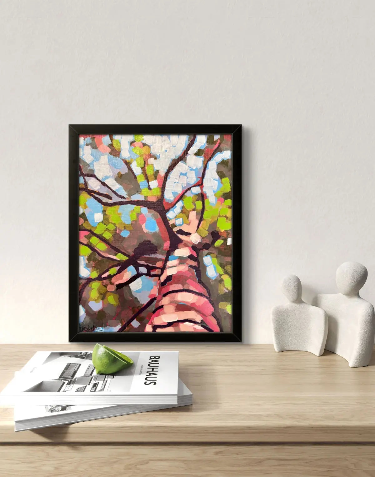Framed Tree Trunk Painting – Abstract Woodland Art, Upward View, 8x10, framed
