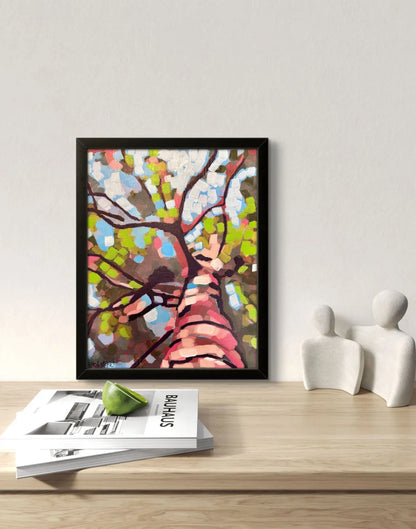Framed Tree Trunk Painting – Abstract Woodland Art, Upward View, 8x10, framed